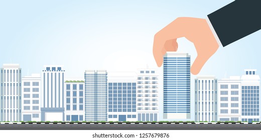 Businessman select to holding modern building, Business real estate agent holding modern buildings on hand,Property For Sale, Real estate, conceptual vector illustration.