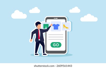 A businessman selects shopping items through a smartphone app interface, illustration of time to shop