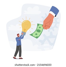 Businessman Sell Idea, Male Character Changing Glowing Light Bulb on Money Bill in Huge Human Hand. Insight, Business Vision, Investment, Education and Motivation Concept. Cartoon Vector Illustration