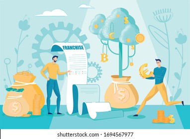 Businessman Selling Franchise License to Entrepreneur and Getting Profit from Business Strategy Development and Marketing Planning. Authorized Idea and Commercial Patent. Flat Vector Illustration.