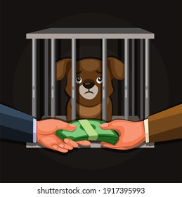 Businessman Selling Puppy. Wildlife Trade Illegal Activity Illustration Concept In Cartoon Vector