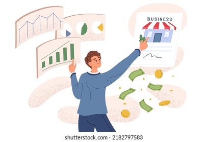 Businessman sells franchise. Franchise business concept. Online purchase of franchise. Buyout of company. Flat graphic vector illustration