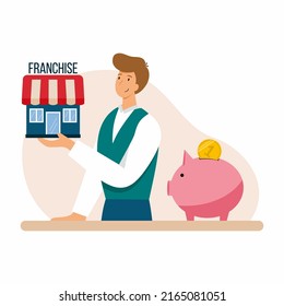 Businessman sells franchise. Franchising system. Vector illustration in cartoon style. Man offers to buy ready made business.