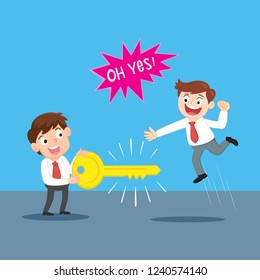 Businessman send golden key of success to business friend, illustration vector cartoon
