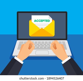 Businessman send or recieve positive feedback or answear on e-mail. Envelope and document on a screen. Getting or sending new mail. Vector illustration