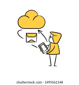 businessman sending email to cloud yellow stick figure