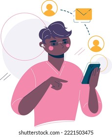 Businessman sending e-mail letter by smartphone. Vector illustration