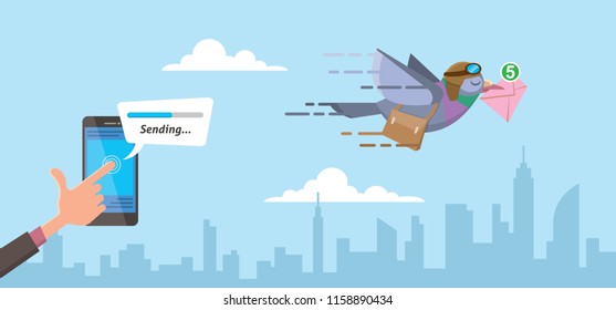 businessman sending email using smartphone on progress status pigeon courier with city skyline background flat vector illustration