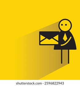 businessman sending mail stick figure with shadow yellow background