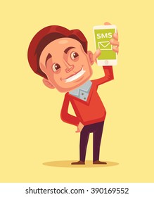 Businessman sending messages. Vector flat illustration