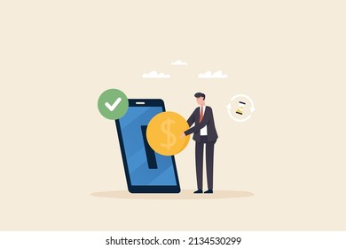 Businessman sending money via mobile phone. Bank transfer or smartphone payment application, investment or mobile banking concept.