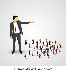 Businessman sends the crowd ahead. Vector illustration