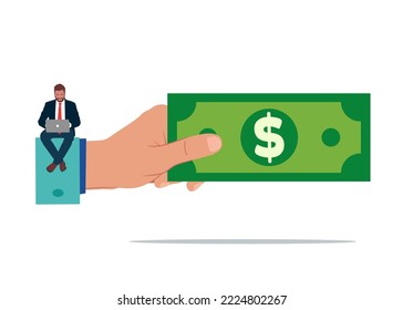 Businessman sends a dollar banknote money. Flat modern vector illustration.