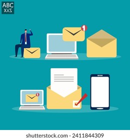 Businessman sends email to communicate as automatic newsletter, letter format includes original and draft, online advertisement or mailing list, internet mailing career.