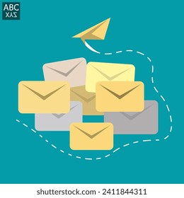 Geschäftsmann verschickt E-Mail, um als automatischer Newsletter zu kommunizieren, das Format des Briefes beinhaltet Original und Entwurf, Online-Werbung oder Mailingliste, Internet-Mailing Karriere.