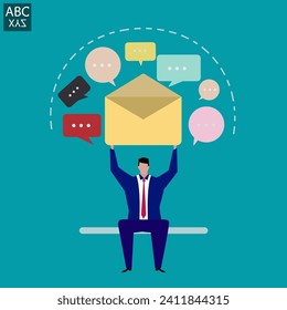 Businessman sends email to communicate as automatic newsletter, letter format includes original and draft, online advertisement or mailing list, internet mailing career.