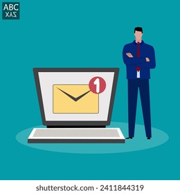 Businessman sends email to communicate as automatic newsletter, letter format includes original and draft, online advertisement or mailing list, internet mailing career.