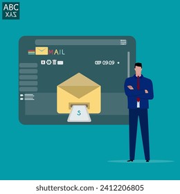 Geschäftsmann verschickt E-Mail, um als automatischer Newsletter zu kommunizieren, das Format des Briefes beinhaltet Original und Entwurf, Online-Werbung oder Mailingliste, Internet-Mailing Karriere.