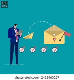 Businessman sends email to communicate as automatic newsletter, letter format includes original and draft, online advertisement or mailing list, internet mailing career.