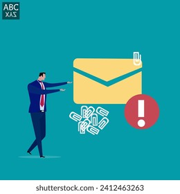 Geschäftsmann verschickt E-Mail, um als automatischer Newsletter zu kommunizieren, das Format des Briefes beinhaltet Original und Entwurf, Online-Werbung oder Mailingliste, Internet-Mailing Karriere.
