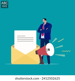 Businessman sends email to communicate as automatic newsletter, letter format includes original and draft, online advertisement or mailing list, internet mailing career.