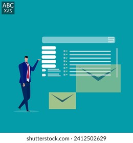 Businessman sends email to communicate as automatic newsletter, letter format includes original and draft, online advertisement or mailing list, internet mailing career.
