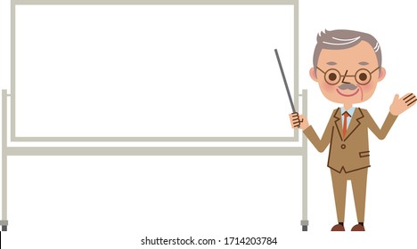 Businessman (senior man) presenting with a smile using a whiteboard