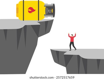 Businessman separated from gas cylinder by large cliff in ground. Gas issues. Modern flat vector illustration

