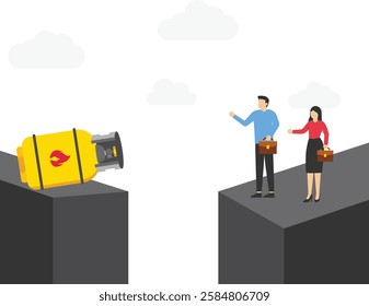 Businessman separated from gas cylinder by large cliff in ground. Gas issues. Modern flat vector illustration

