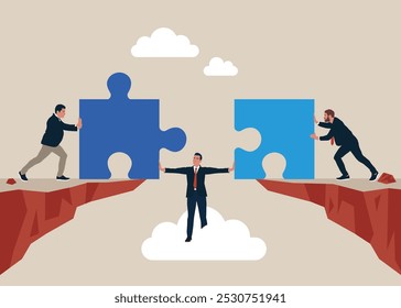 Businessman separating jigsaw piece does not allow to build a bridge. Conflict and argument between colleagues, difference opinion, disagree, confrontation. Flat vector illustration