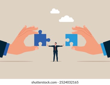 Businessman separating two jigsaw puzzle elements. Conflict and argument between colleagues, difference opinion, disagree, confrontation. Fight back win over difficulty. Flat vector illustration