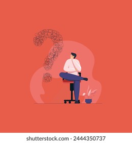 Businessman with serious expression sitting on office chair, confused person with question mark finding solution