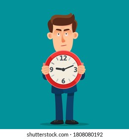 Businessman with serious face hold big clock. Come to work on time. Punctuality concept. Deadline for project. Vector illustration, flat design cartoon style, isolated background.