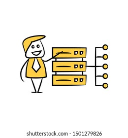 businessman and server network yellow stick figure design