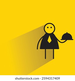 businessman serving food dish stick figure on yellow background
