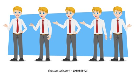 Businessman, Set of business characters young adult handsome smart guys standing presentation flat design in front view on white and green background flat vector illustrator.