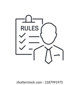 Businessman And A Set Of Business Rules. Professional Ethics. Vector Linear Icon Isolated On White Background.