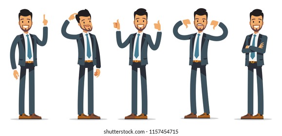 Businessman set. Character in a business suit in different poses. Vector illustration isolated on white background.