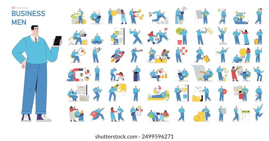 Businessman set. Corporate activities, finance management, and teamwork interactions. Professional life scenarios and achievements. Vector illustration.