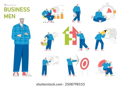 Empresário definido. Atividades executivas corporativas desde lógica analítica até implementação de estratégia. Diversas tarefas de negócios, gerenciamento, eficiência. Ilustração vetorial.