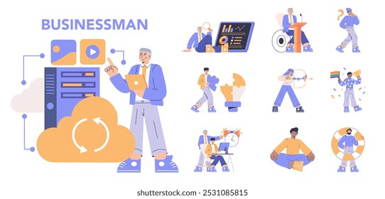 Empresário definido. Diversas atividades de um homem profissional em vários cenários de negócios. Liderança, lógica analítica e planejamento estratégico. Ilustração vetorial.