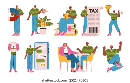 Businessman set. Diverse financial activities and personal growth. Investment, taxation, saving money, success celebration, and online communication. Vector illustration.