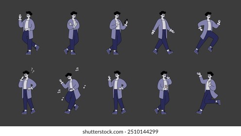 Conjunto de hombre de negocios. Diversas poses y expresiones de un hombre profesional moderno en ropa casual de negocios. Animaciones de comunicación, pensamiento y caminar. Ilustración vectorial.