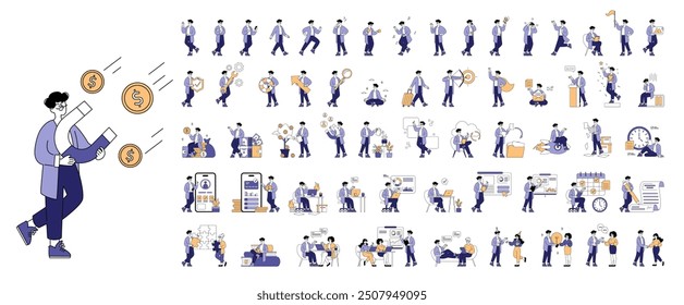 Businessman set. Diverse professional routines and financial activities. Networking, strategy planning, and time management. Vector illustration.