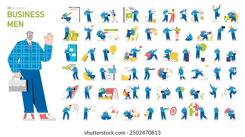 Businessman set. Dynamic corporate life from meetings to goal achievements. Diverse office activities, strategy planning, and teamwork. Vector illustration.