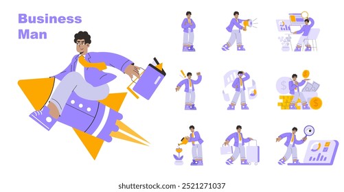 Conjunto de hombre de negocios. Emprendedor dinámico en diversas actividades, desde la innovación hasta la planificación financiera. Crecimiento profesional, liderazgo y éxito. Ilustración vectorial.