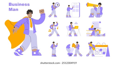 Conjunto de hombre de negocios. Profesional dinámico que aborda diversas tareas dentro del mundo corporativo. Planificación estratégica, establecimiento de objetivos y negociación. Ilustración vectorial.