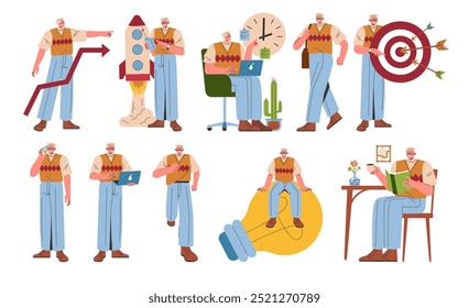Businessman set. Enterprise growth, startup launch, time management, goal achievement. Office work, strategy planning, idea generation. Vector illustration.