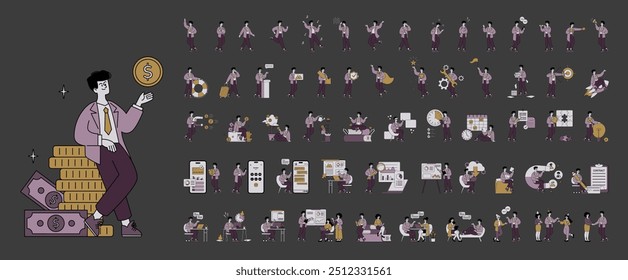 Businessman set featuring diverse activities including finance management, strategy planning, and teamwork. Professional life stages from idea to success. Vector illustration.