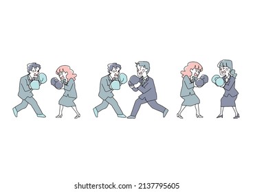  Businessman set fighting with boxer gloves Comical handwritten person vector, simple color on line drawing
